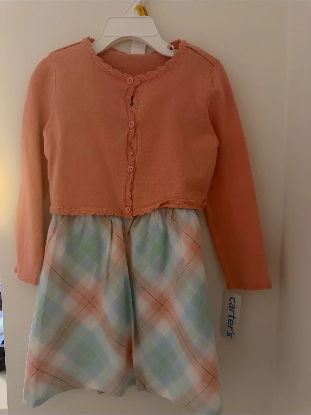 Carter's Coral Knit Cardigan Dress with Pastel Plaid Skirt